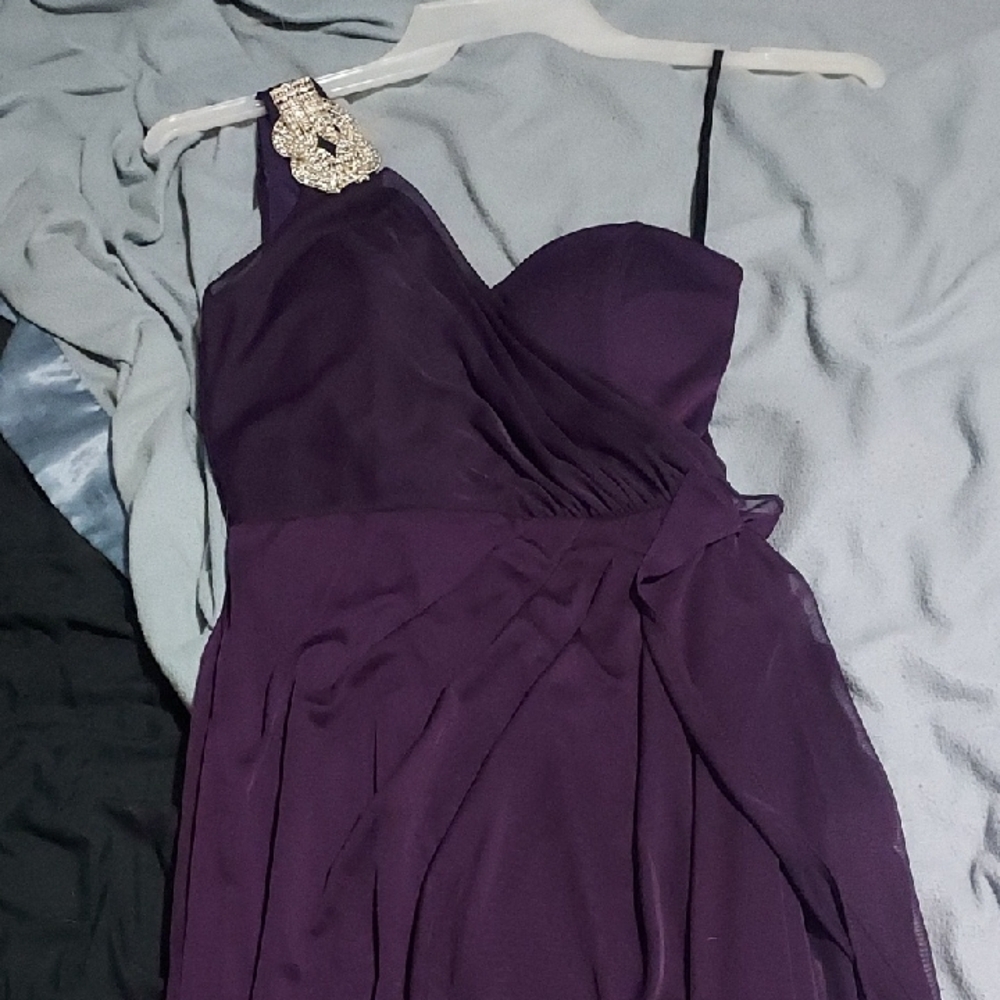 Xscape One-Shoulder Purple Dress with Embellished Strap
